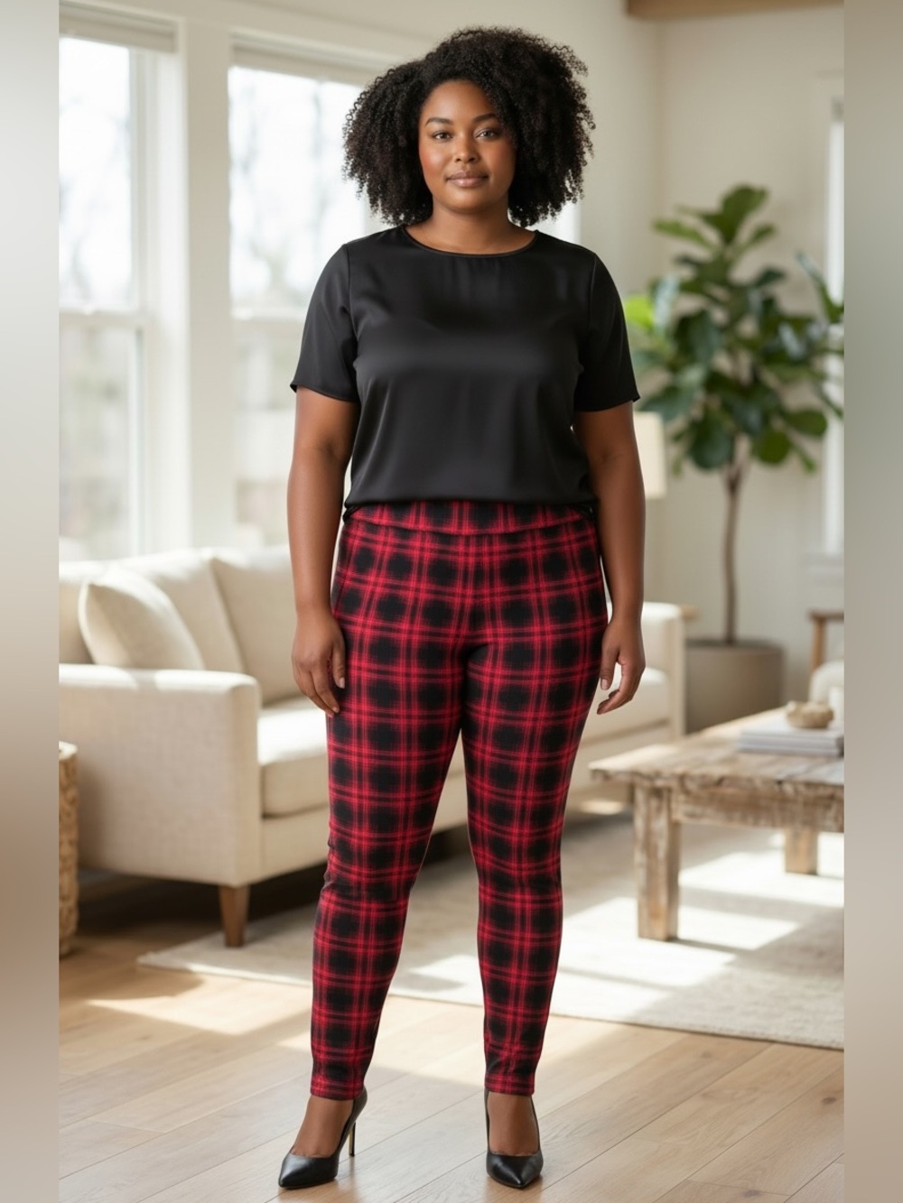 LOFT Plus-Size Red and Black Plaid Leggings